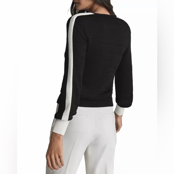 REISS Black V-Neck Knit Sweater w/ Contrast Stripe Sleeves | Size L | - Picture 2 of 8